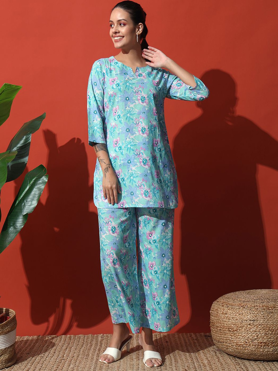 

Vastralay Women Printed Pure Cotton Tunic With Trouser Co-Ords, Blue