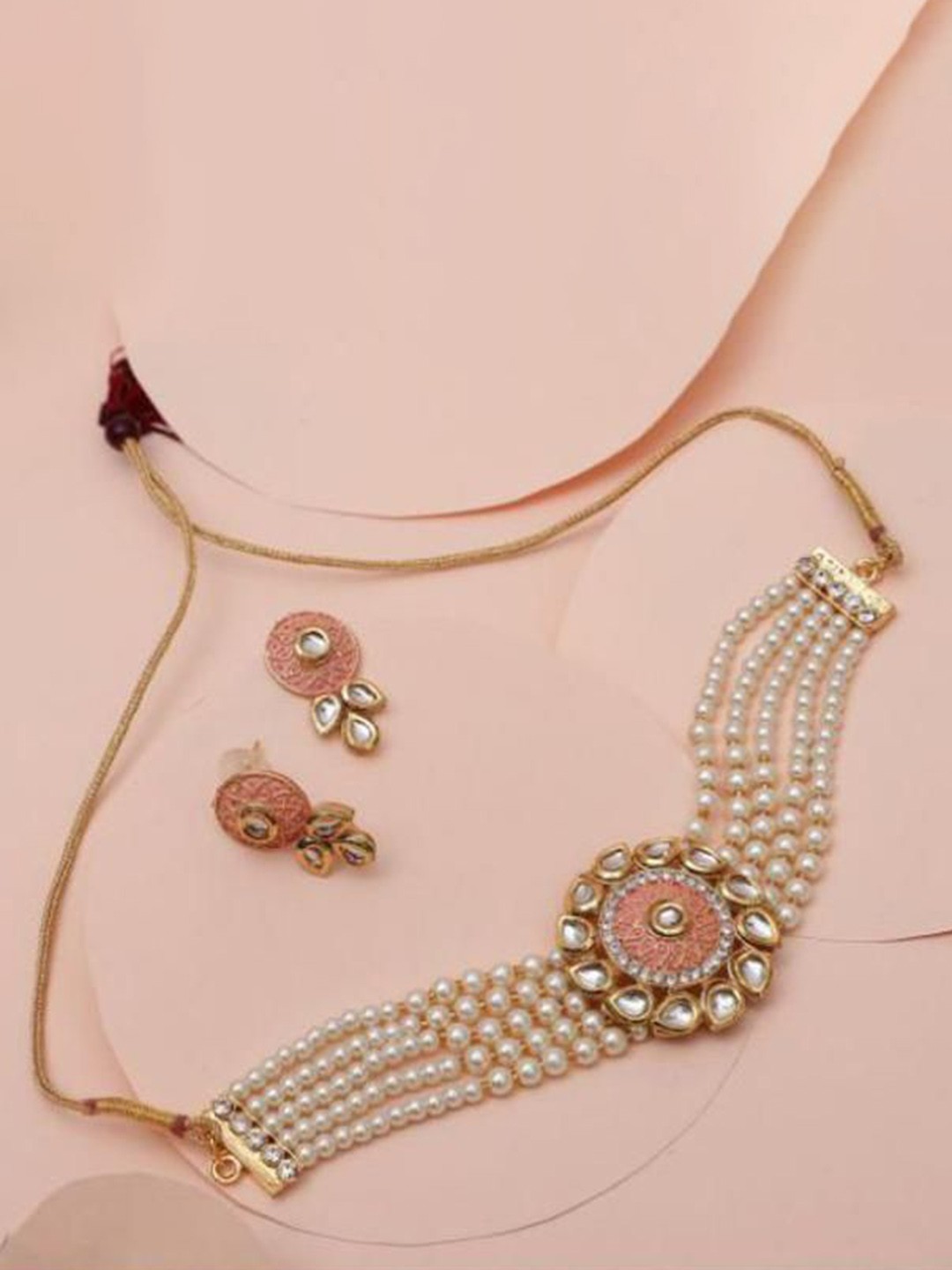 

RHOSYN Gold-Plated Stones-Studded & Beaded Jewellery Set