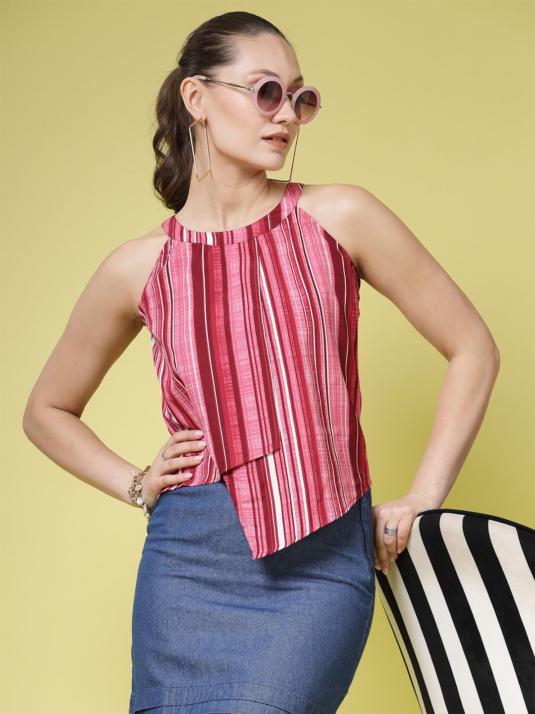 

BEING NAUGHTY Women Vertical Stripes Halter Neck Crop Top, Pink