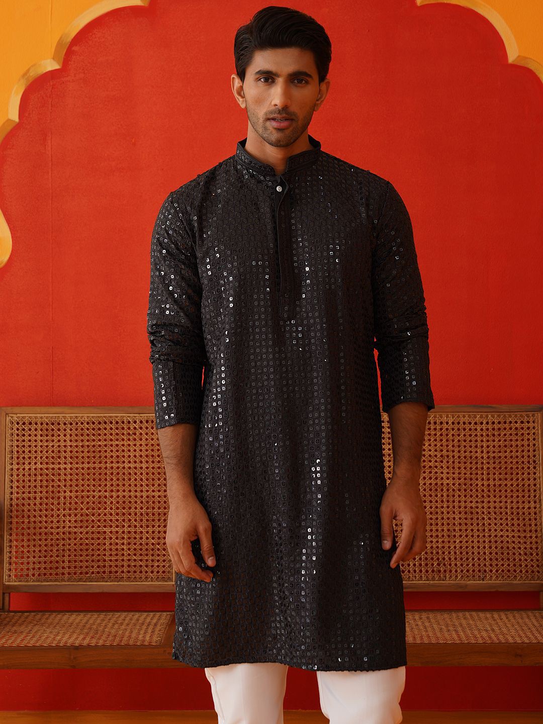 

Jompers Men Geometric Embroidered Sequinned Kurta, Black