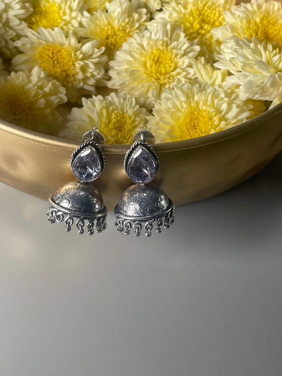 

Niska Dome Shaped Stone Studded Jhumkas, Silver