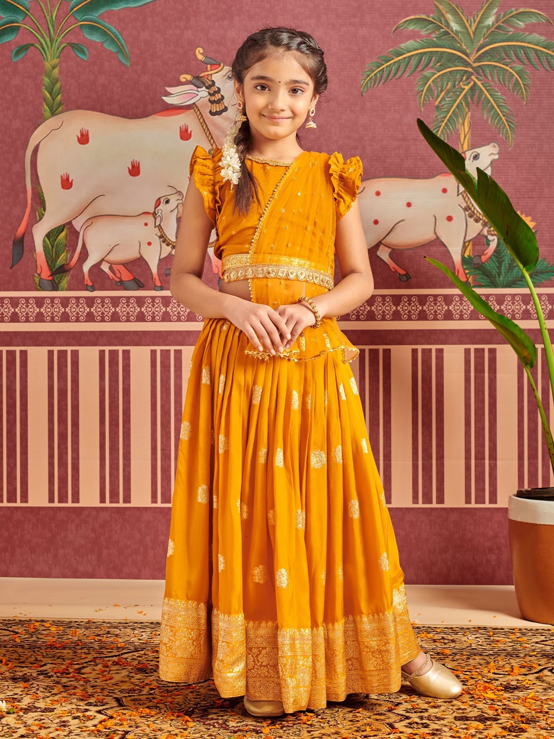 

MASTARANG Girls Woven Design Ready to Wear Silk Blend Pavada & Blouse with Dupatta, Mustard