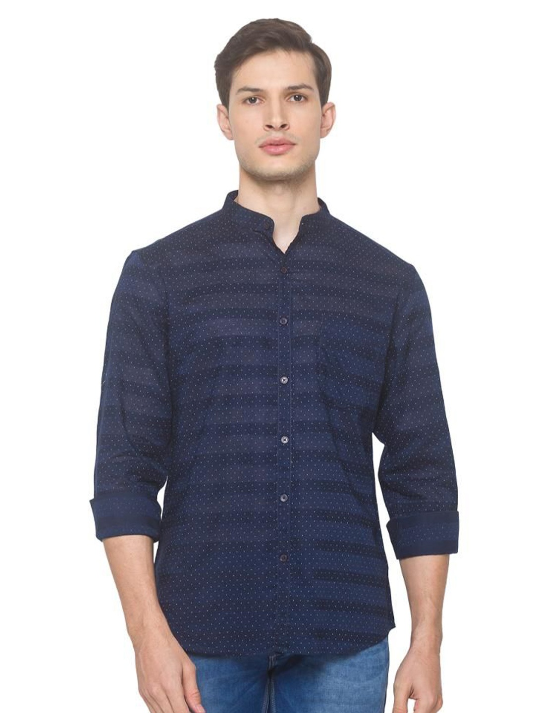 

SNX Men Tailored Fit Horizontal Stripes Opaque Printed Casual Shirt, Navy blue