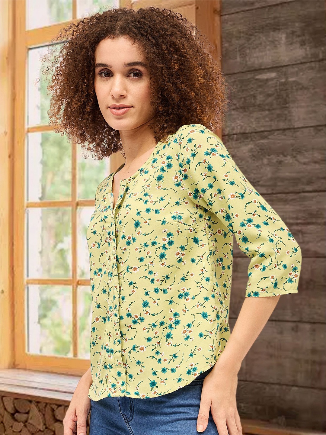 

DressBerry Floral Print Tie-Up Neck Cotton Top, Green
