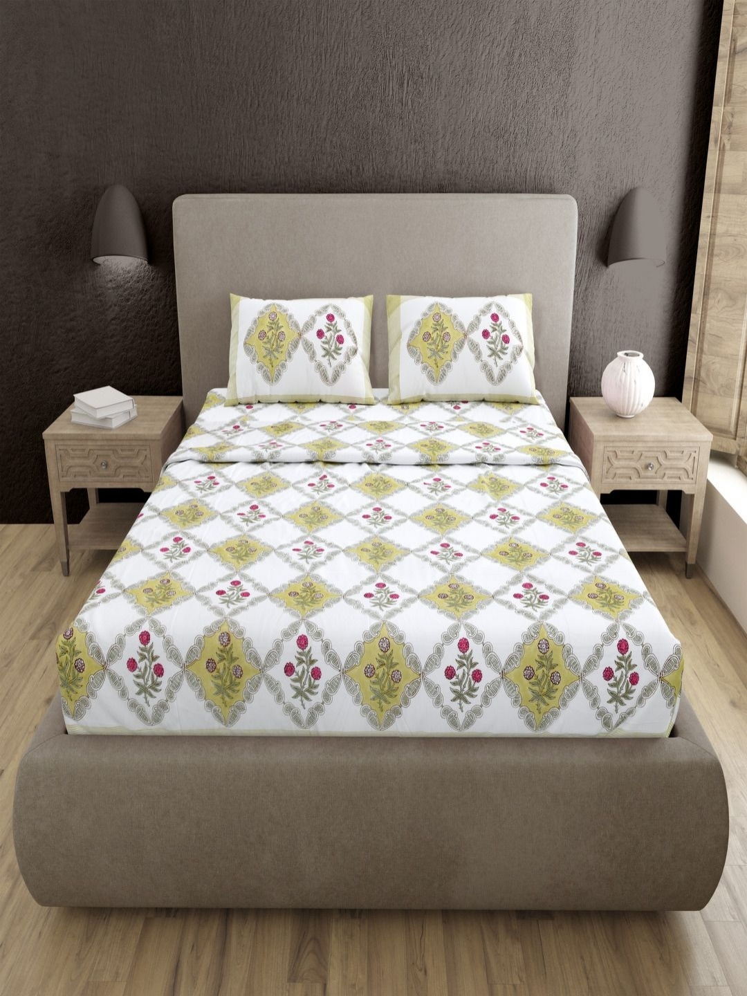 

BED-SHEET.COM Green & White Floral 400 TC King Bedsheet with 2 Pillow Covers