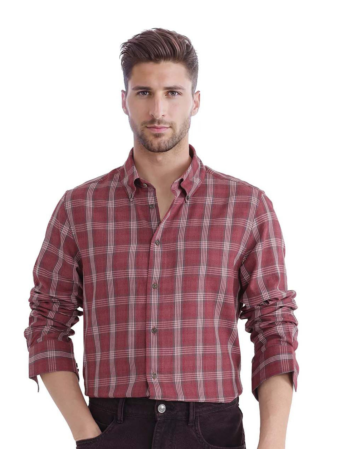 

RARE RABBIT Men Comfort Button-Down Collar Checked Cotton Casual Shirt, Pink