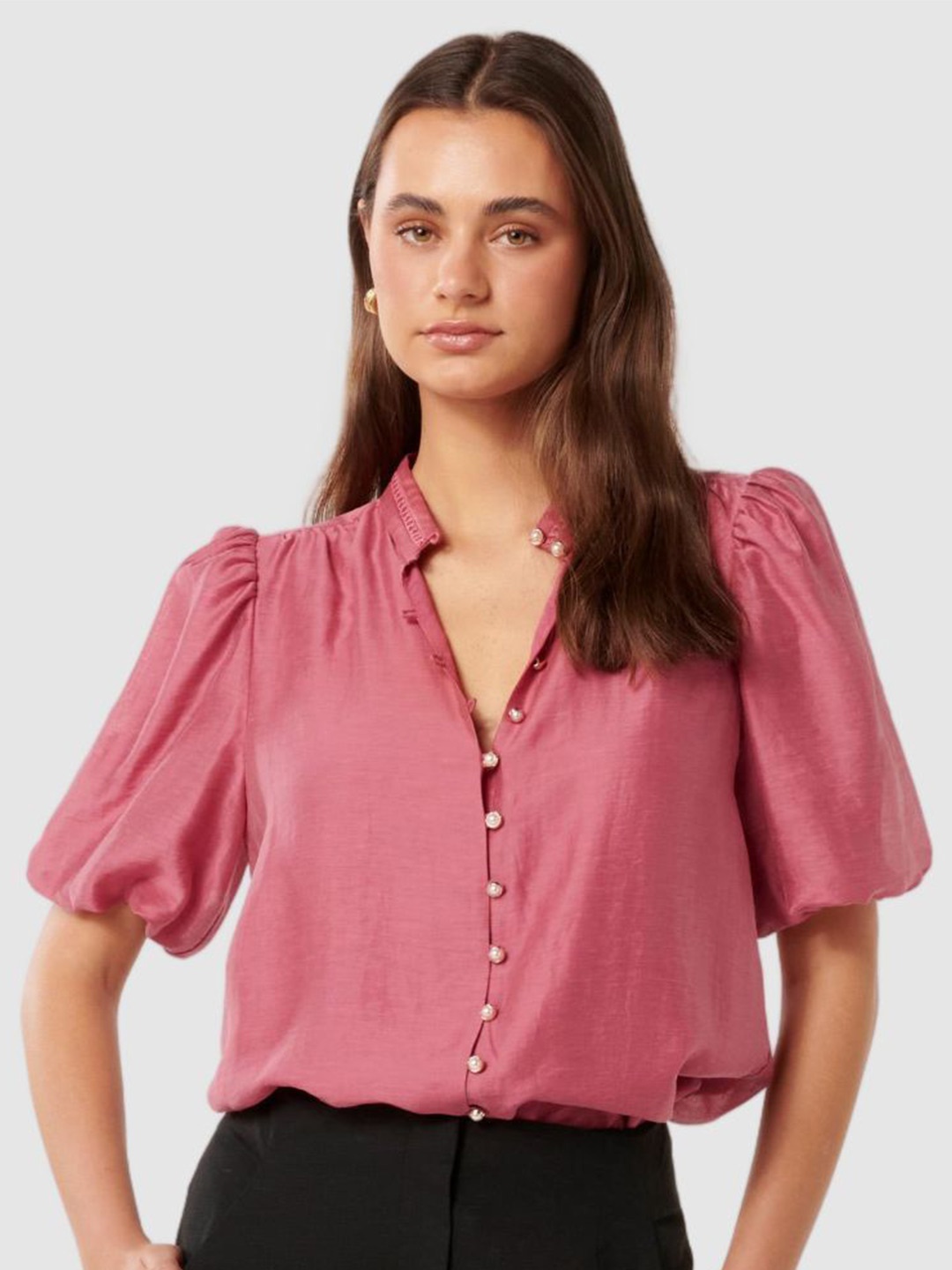 

Forever New Mandarin Collar Puff Sleeve Top, Pink