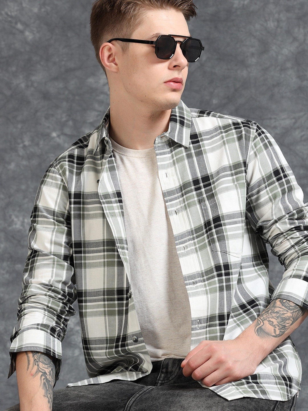 

StitchX Men's Full Sleeve Checkered Cotton Spread Collar Casual Shirt, Green