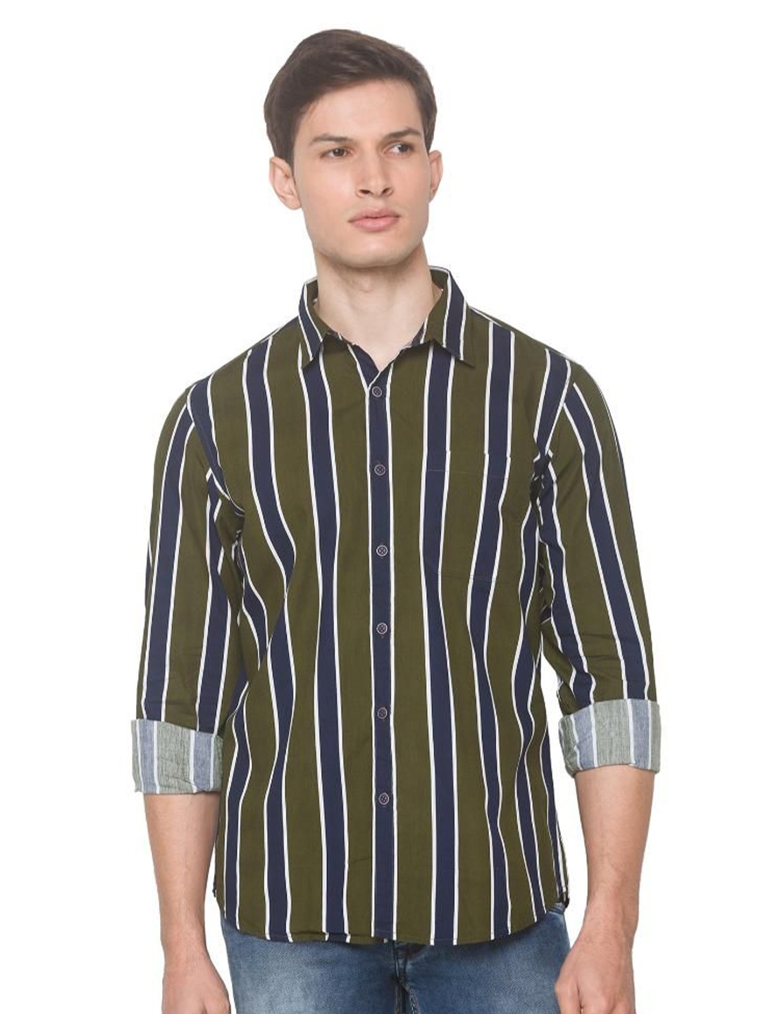 

SNX Men Tailored Fit Opaque Striped Casual Shirt, Olive