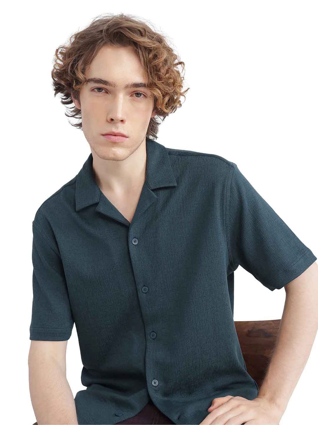 

RARE RABBIT Men Comfort Cuban Collar Textured Solid Cotton Casual Shirt, Green