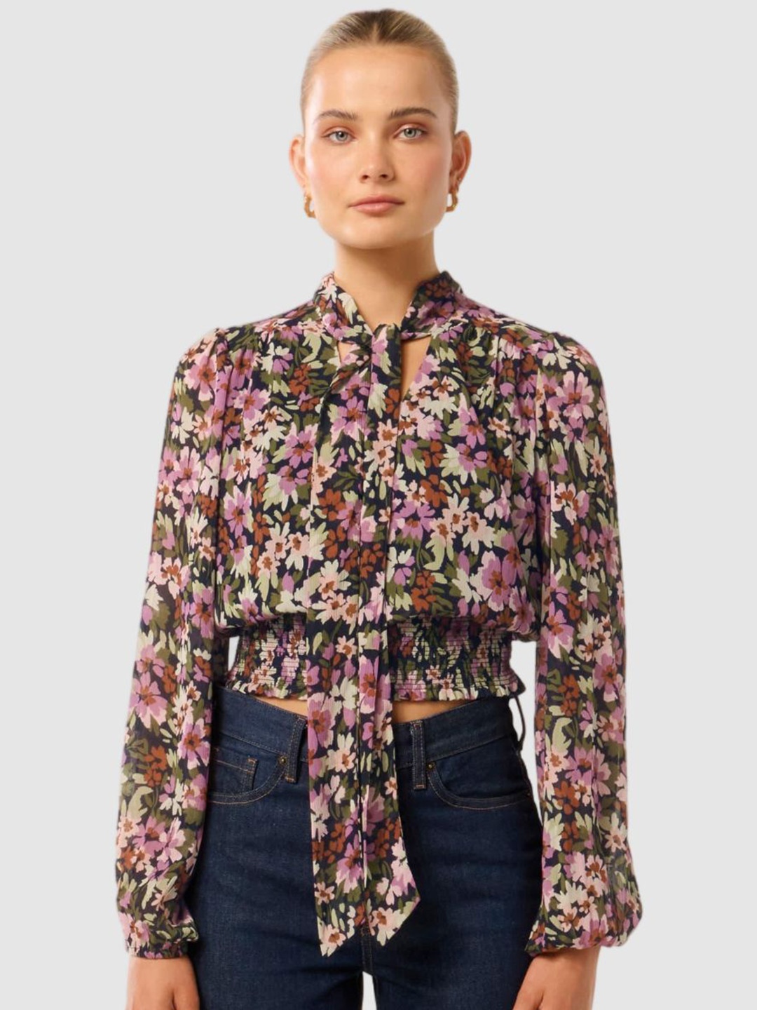 

Forever New Floral Print Bishop Sleeves Blouson Crop Top, Multi