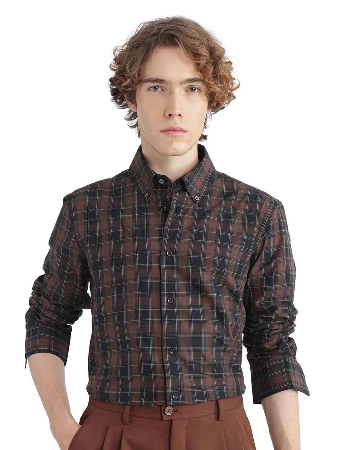 

RARE RABBIT Men Comfort Button-Down Collar Tartan Checked Cotton Casual Shirt, Brown