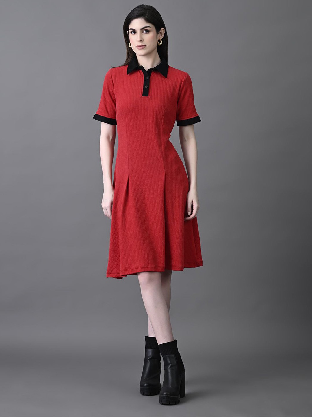 

The Roadster Lifestyle Co Women Shirt Collar Collared A-Line Dress, Red