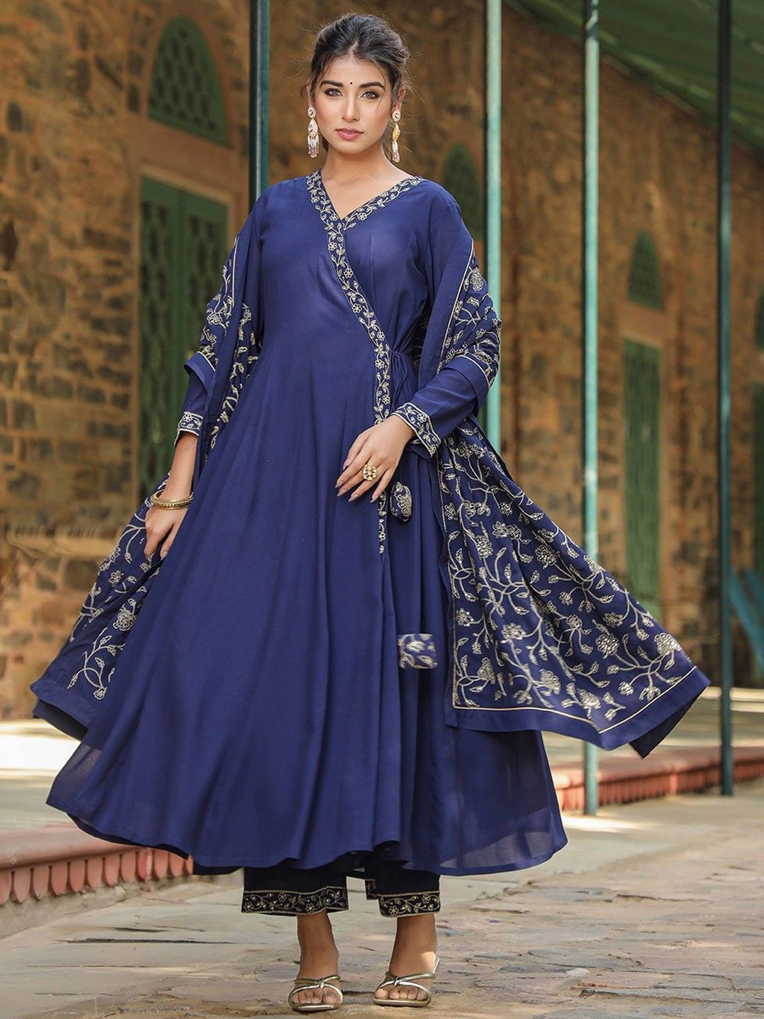 

KALINI Angrakha Kurta with Trousers & Dupatta, Navy blue