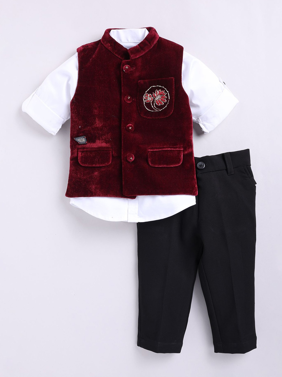 

LITTLE COLLARS Boys Partywear Shirt With Nehru Jacket & Trousers, Maroon