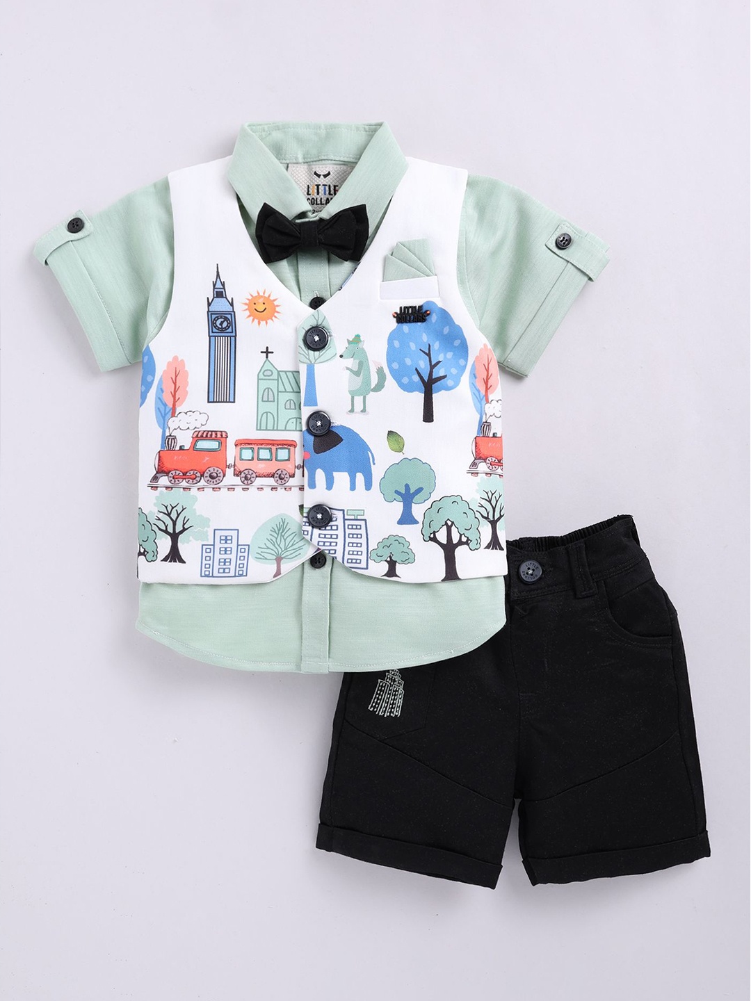 

LITTLE COLLARS Boys Shirt Collar Short Sleeves Shirt With Shorts With Waistcoat, Green