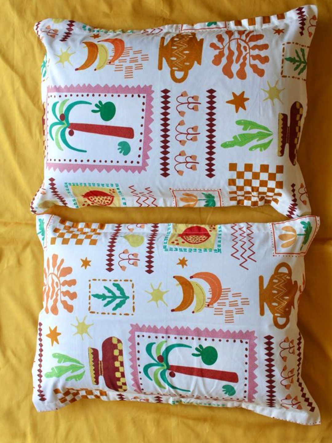 

HYPPY White & Green 2 Pieces Self Design Cotton Linen Rectangle Pillow Covers