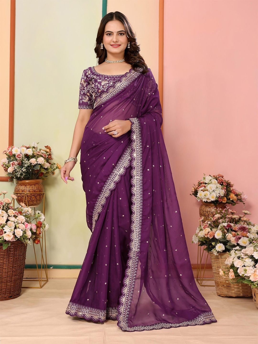 

HERE&NOW Floral Embellished Sequinned Saree, Purple