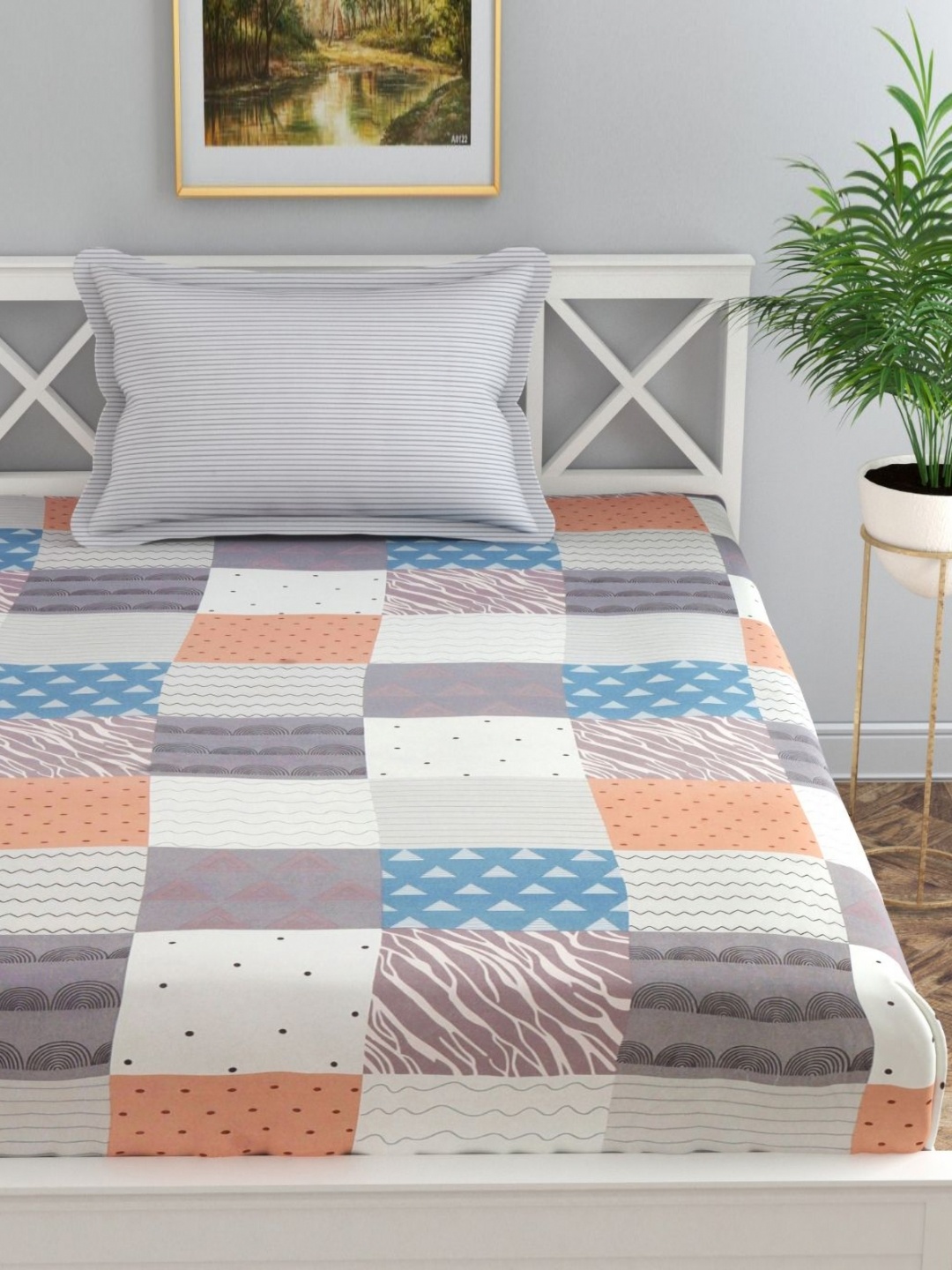 

Florida White & Orange Geometric 200 TC Single Bedsheet with 1 Pillow Covers