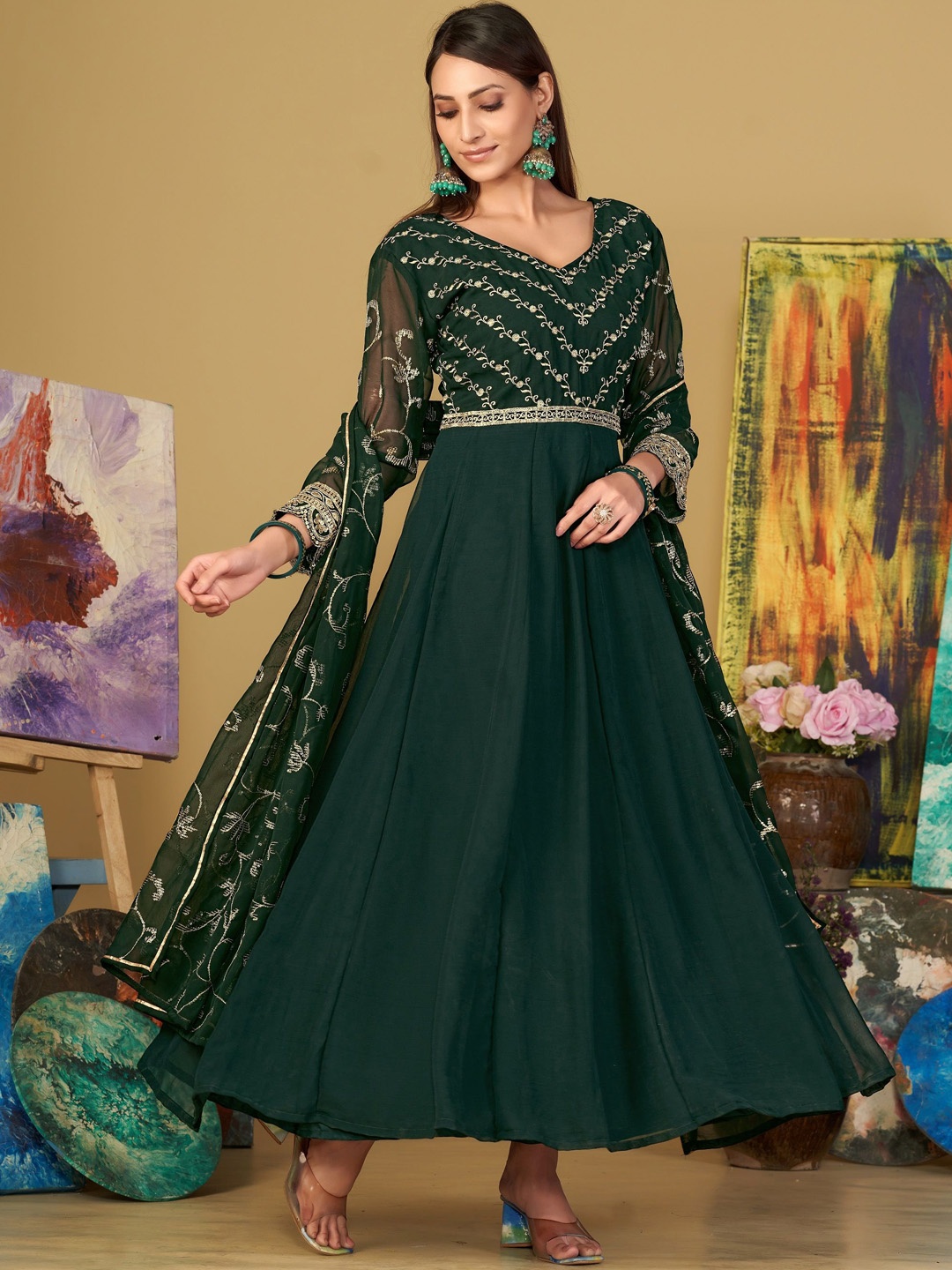 

KALINI Embroidered Semi-Stitched Dress Material, Green