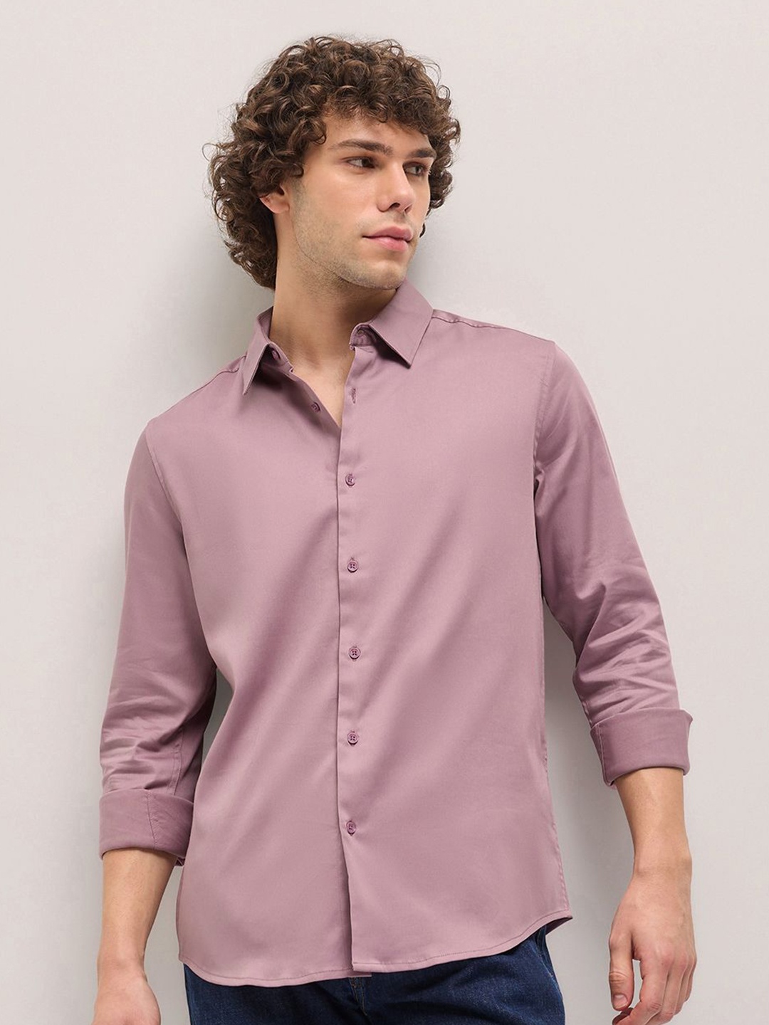 

THE BEAR HOUSE Men Spread Collar Solid Cotton Slim Fit Casual Shirt, Purple