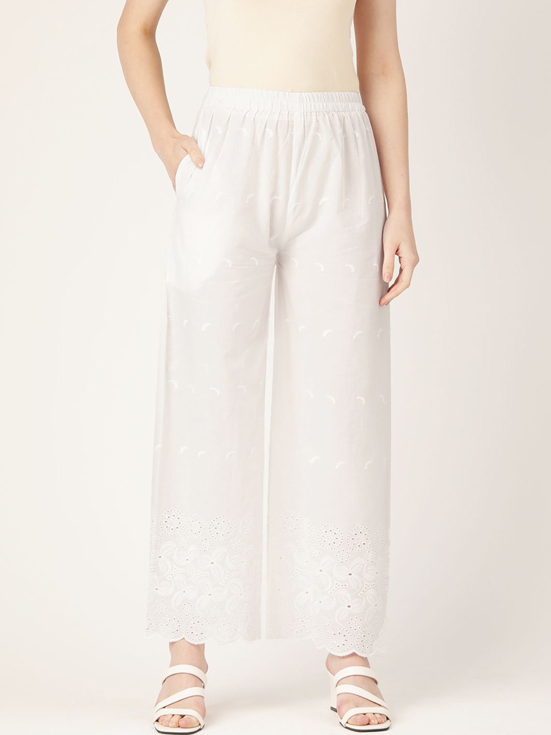 

FERANOID Women Embroidered Ethnic Palazzos, White