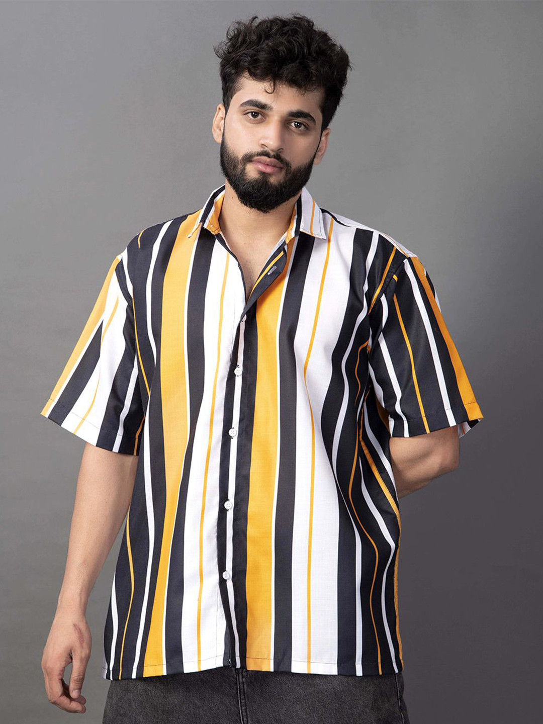 

BOWLIFESTYLE Men Classic Spread Collar Vertical Striped Cotton Casual Shirt, Yellow