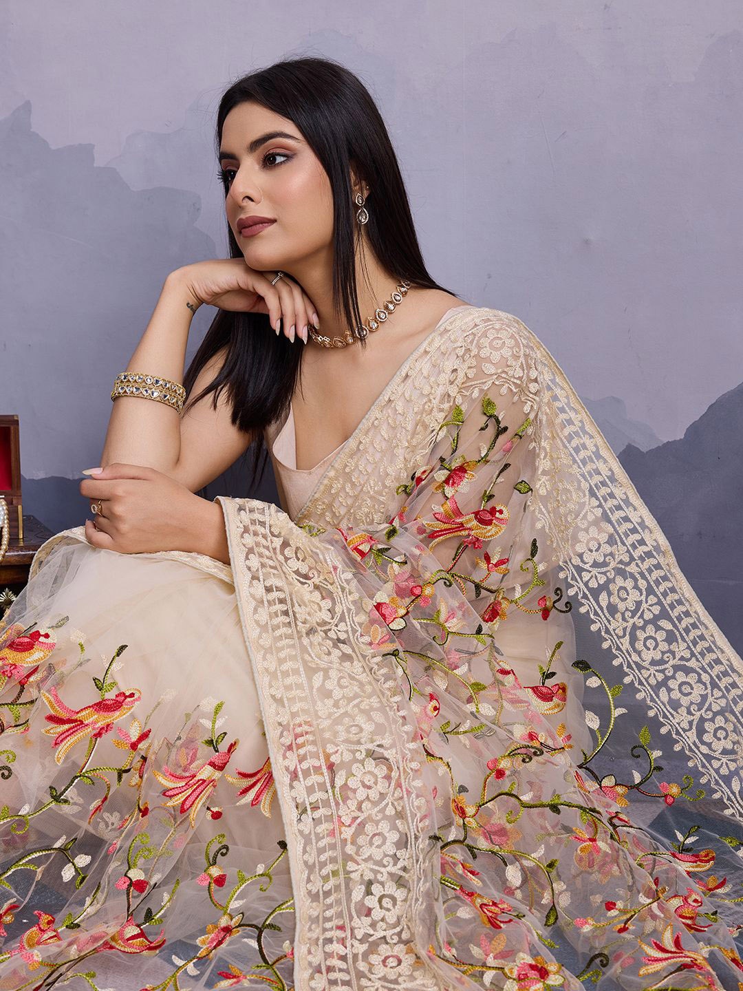 

HERE&NOW Floral Embroidered Net Saree, Cream