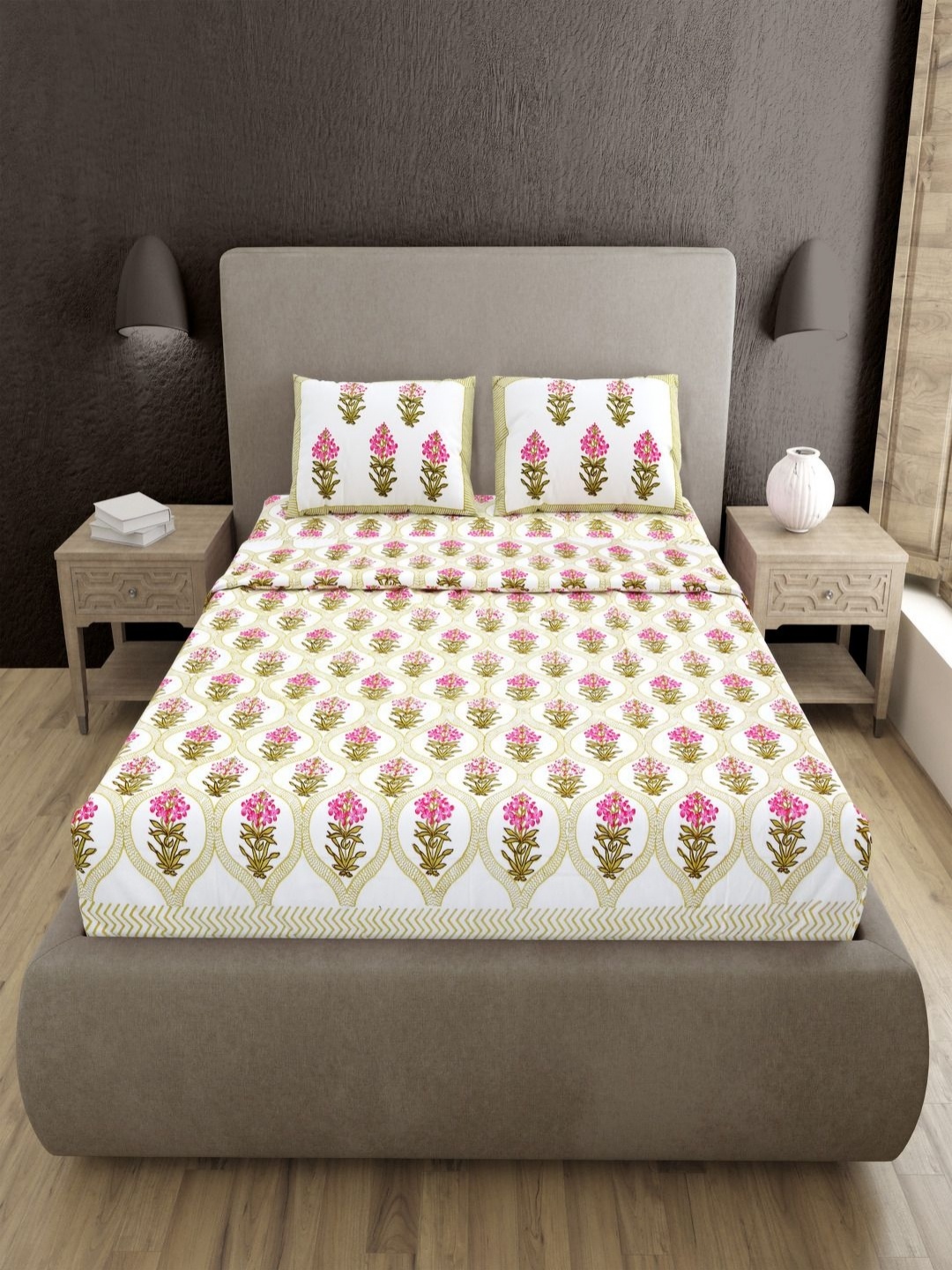 

BED-SHEET.COM Yellow & Pink Floral 400 TC 2 King Bedsheet with 2 Pillow Covers