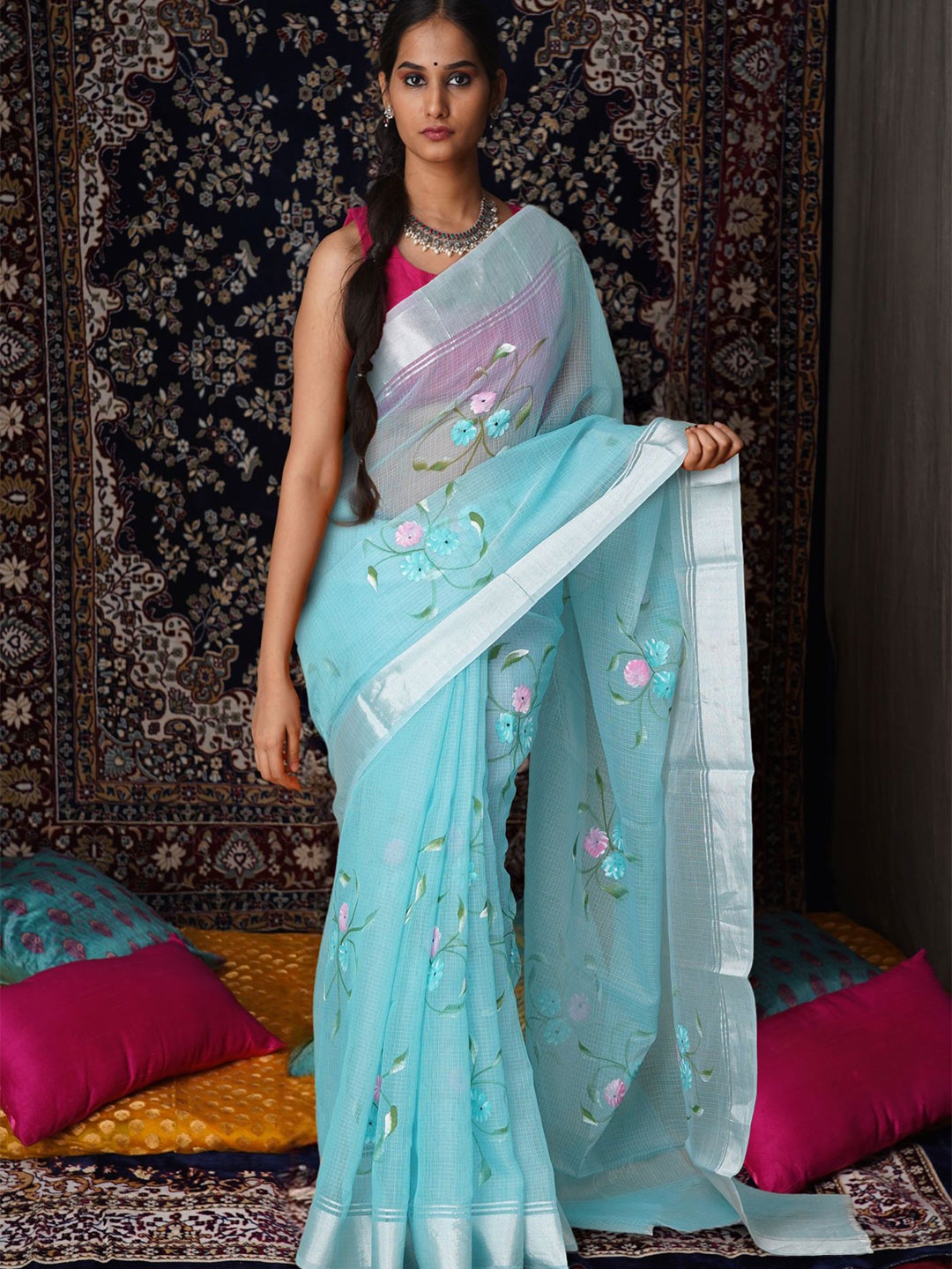 

Unnati Silks Floral Zari Net Kota Saree, Blue