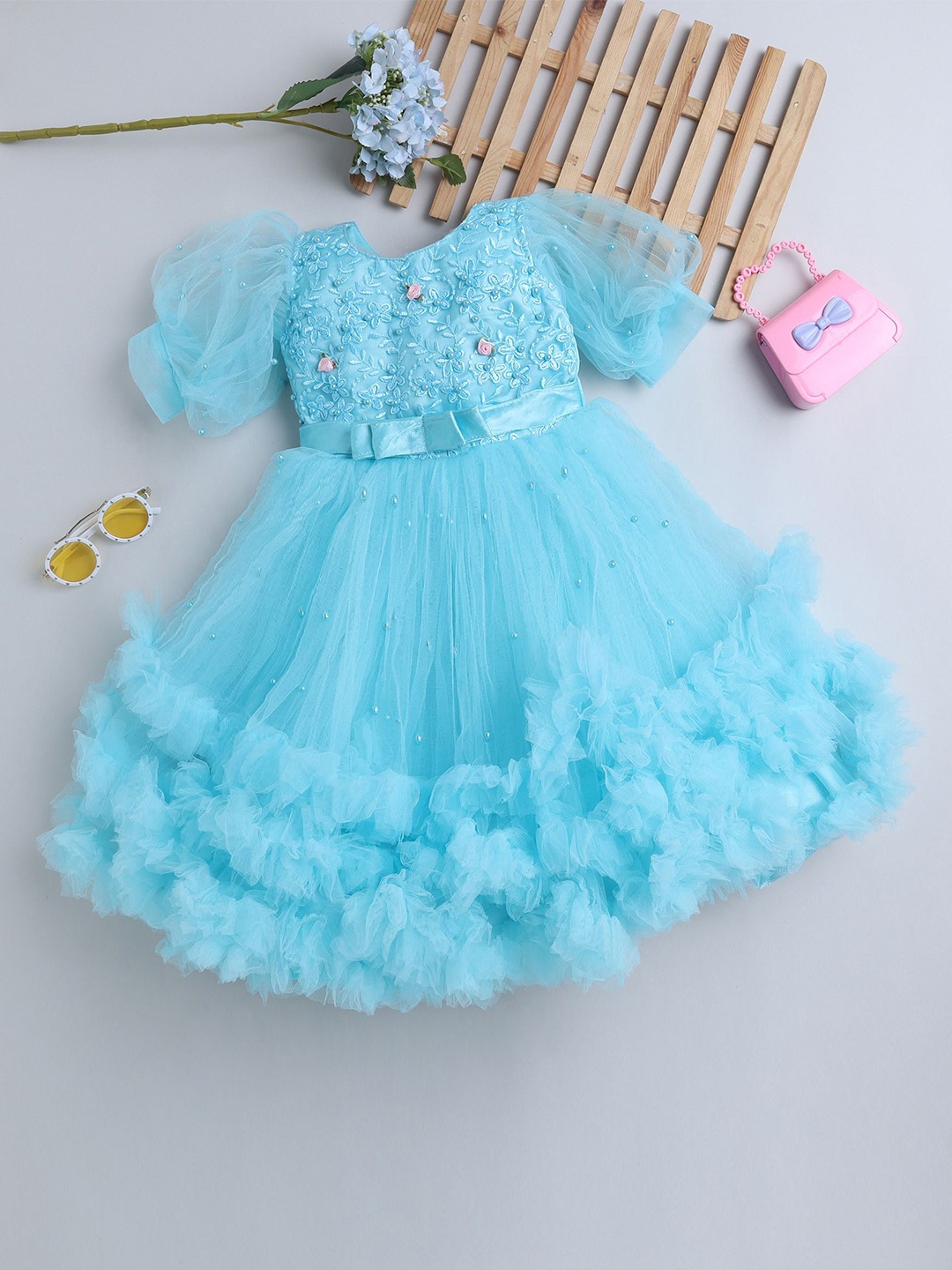 

MANY FROCKS & Floral Net Fit & Flare Dress, Blue