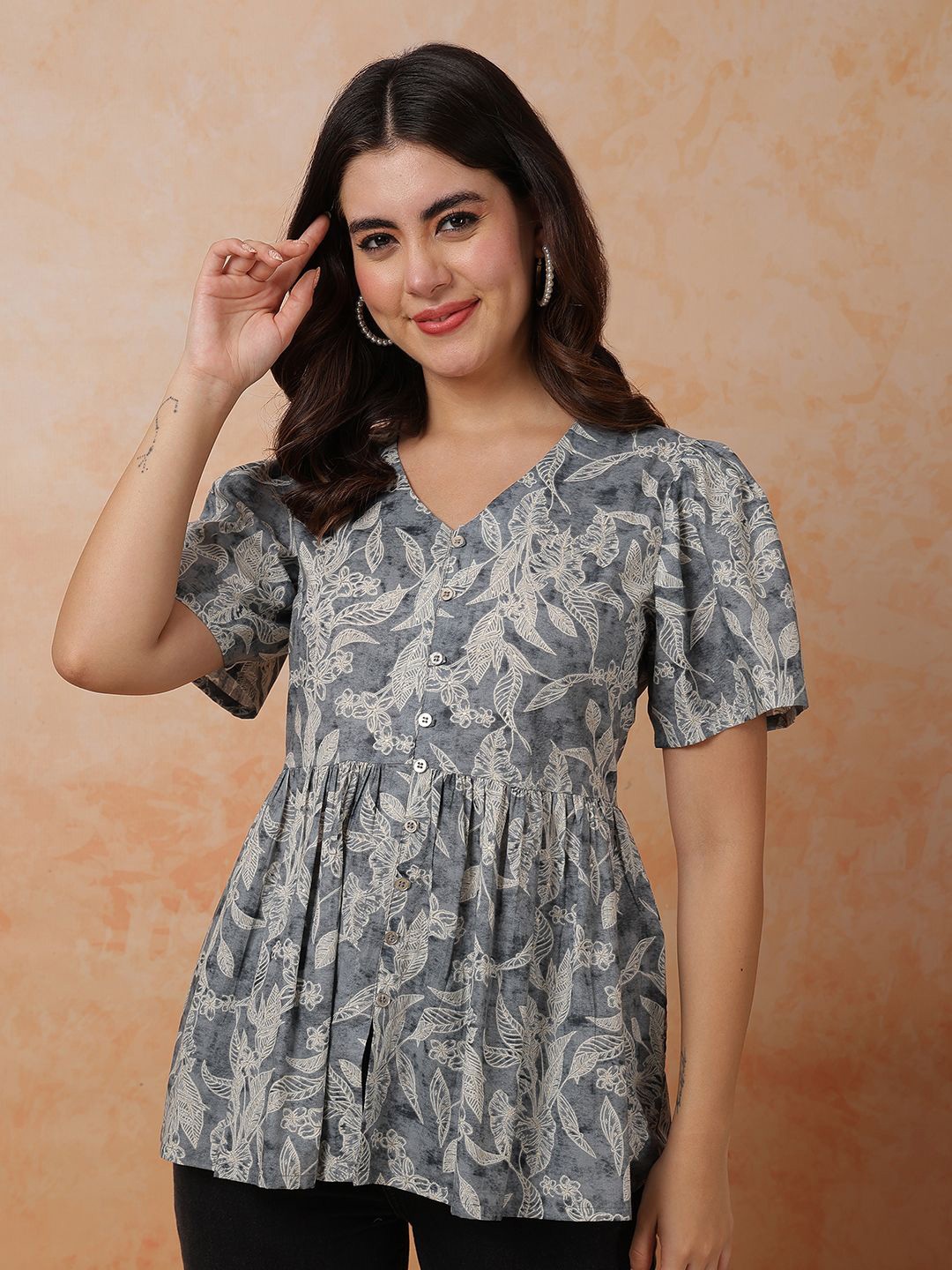 

Anouk Ethnic Motifs Printed Flared Sleeve Pure Silk A-Line Top, Grey