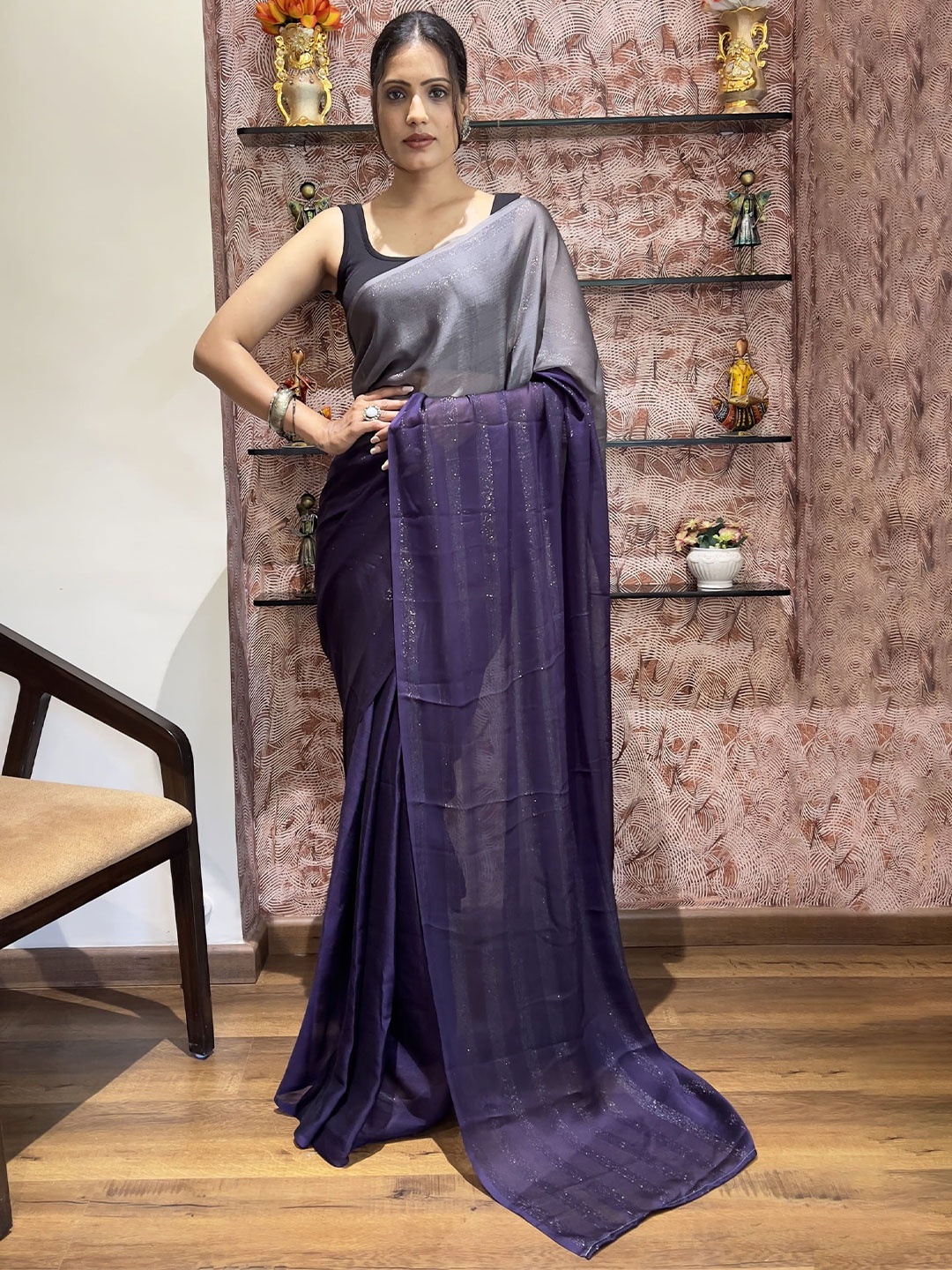 

KAYOMMI Pure Chiffon Ready to Wear Saree, Blue