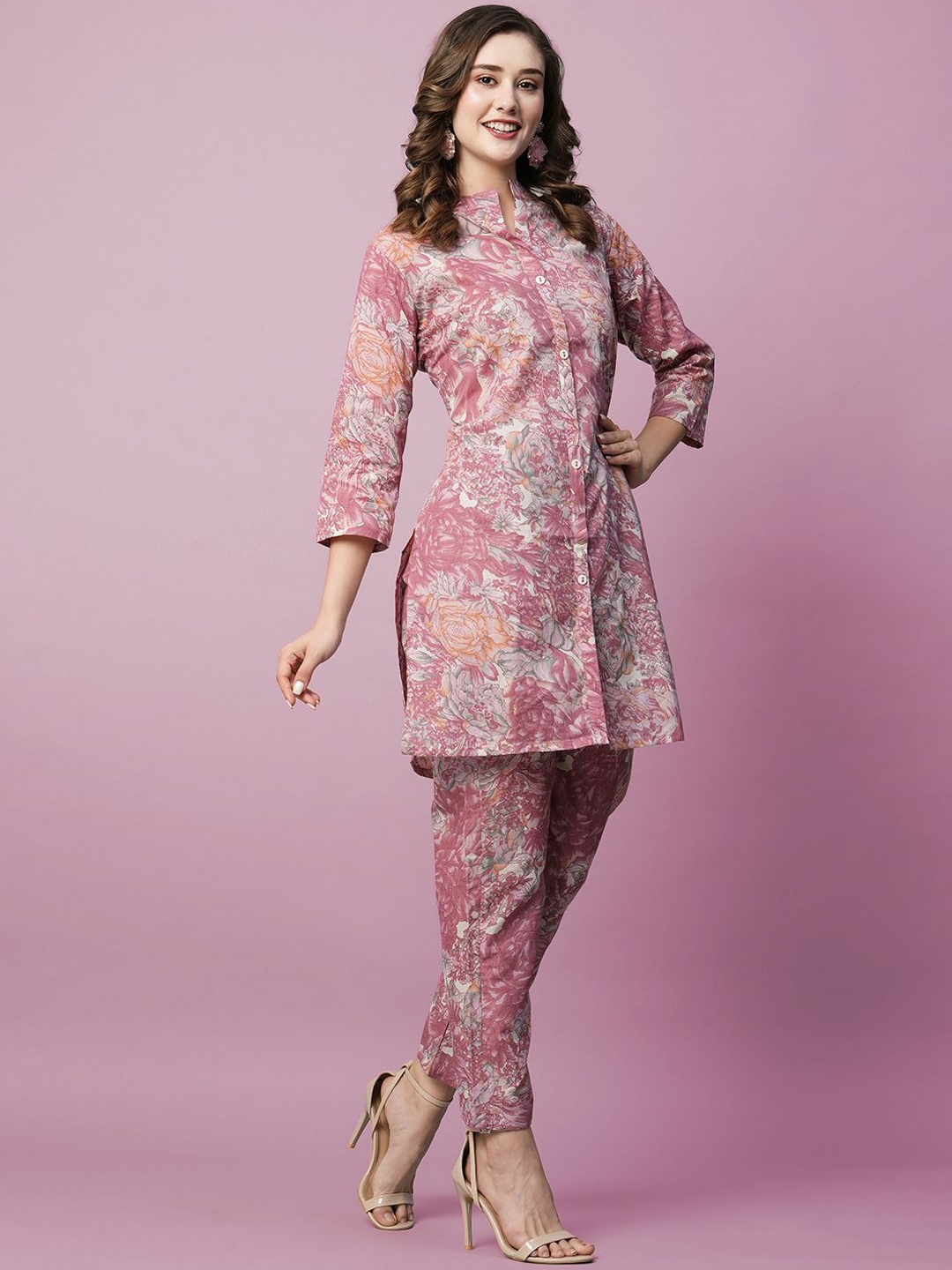

KALINI Printed Mandarin Collar Tunic & Trousers, Pink