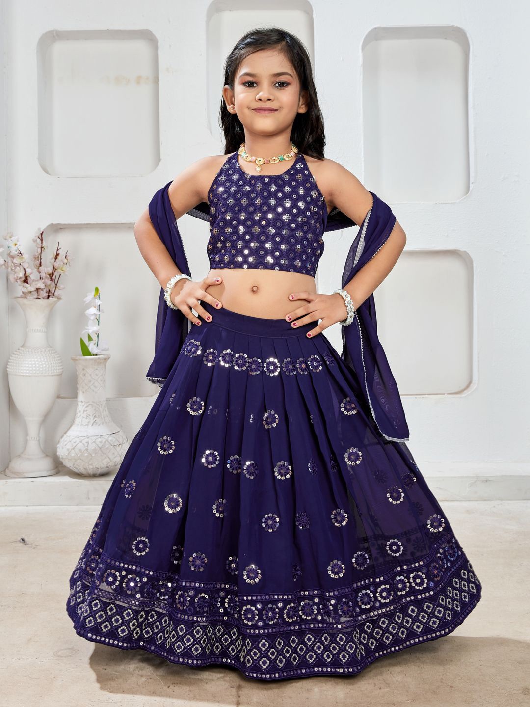 

BAESD Girls Embroidered Mirror Work Ikat Ready to Wear Lehenga & Blouse With Dupatta, Blue