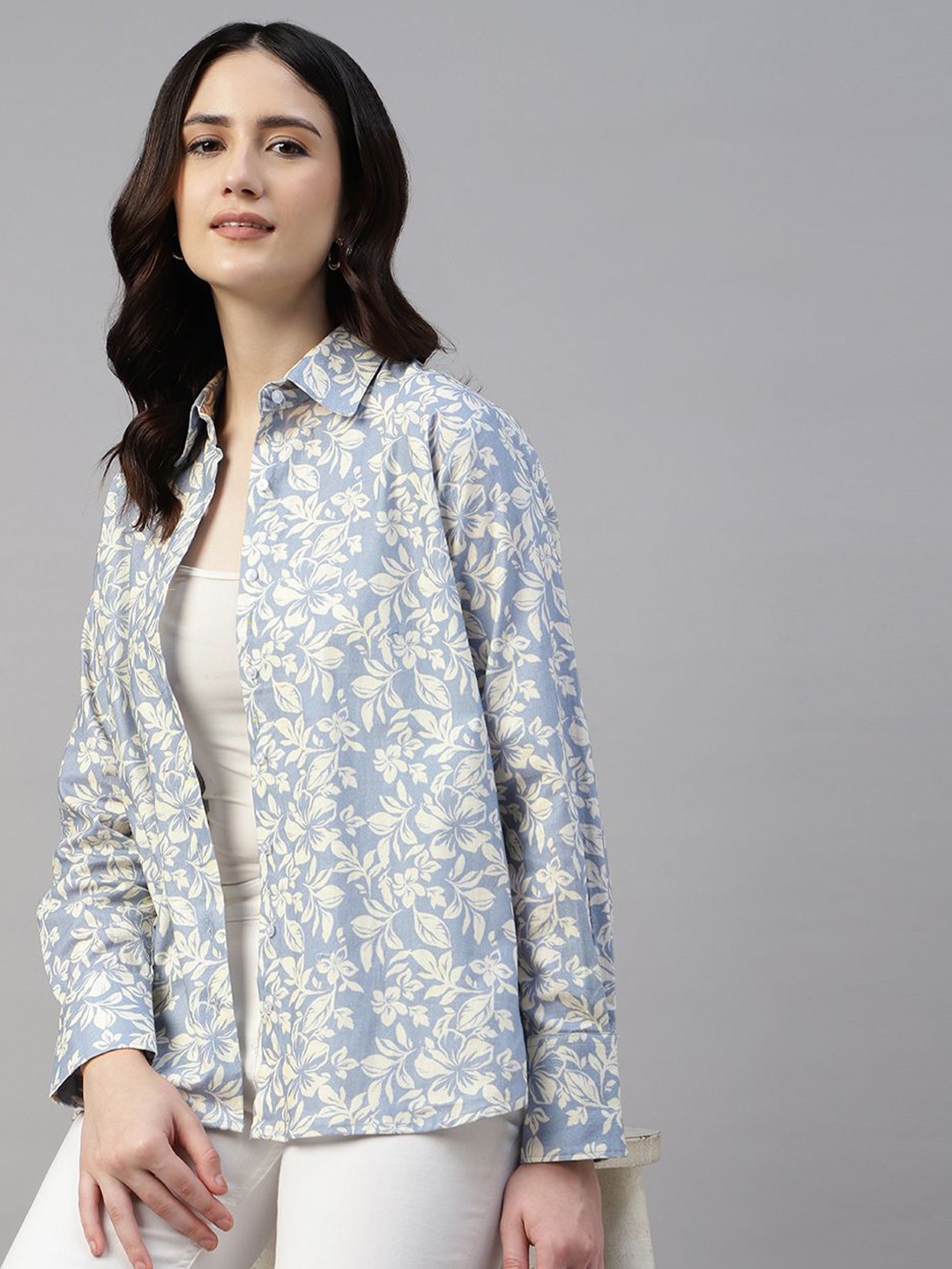 

Women Floral Printed Boyfriend Fit Linen Casual Shirt, Blue