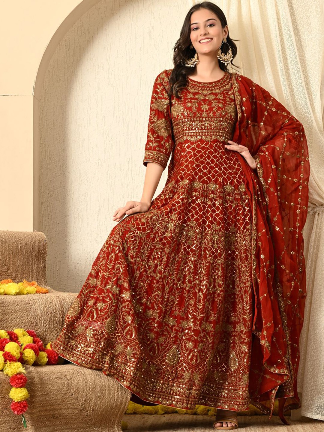 

ZARIKALI Fit & Flared Maxi Dress With Dupatta, Red
