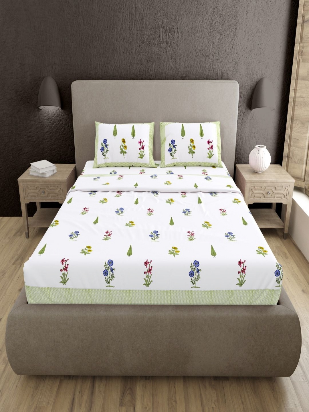 

BED-SHEET.COM Green & White Floral 400 TC King Bedsheet with 2 Pillow Covers