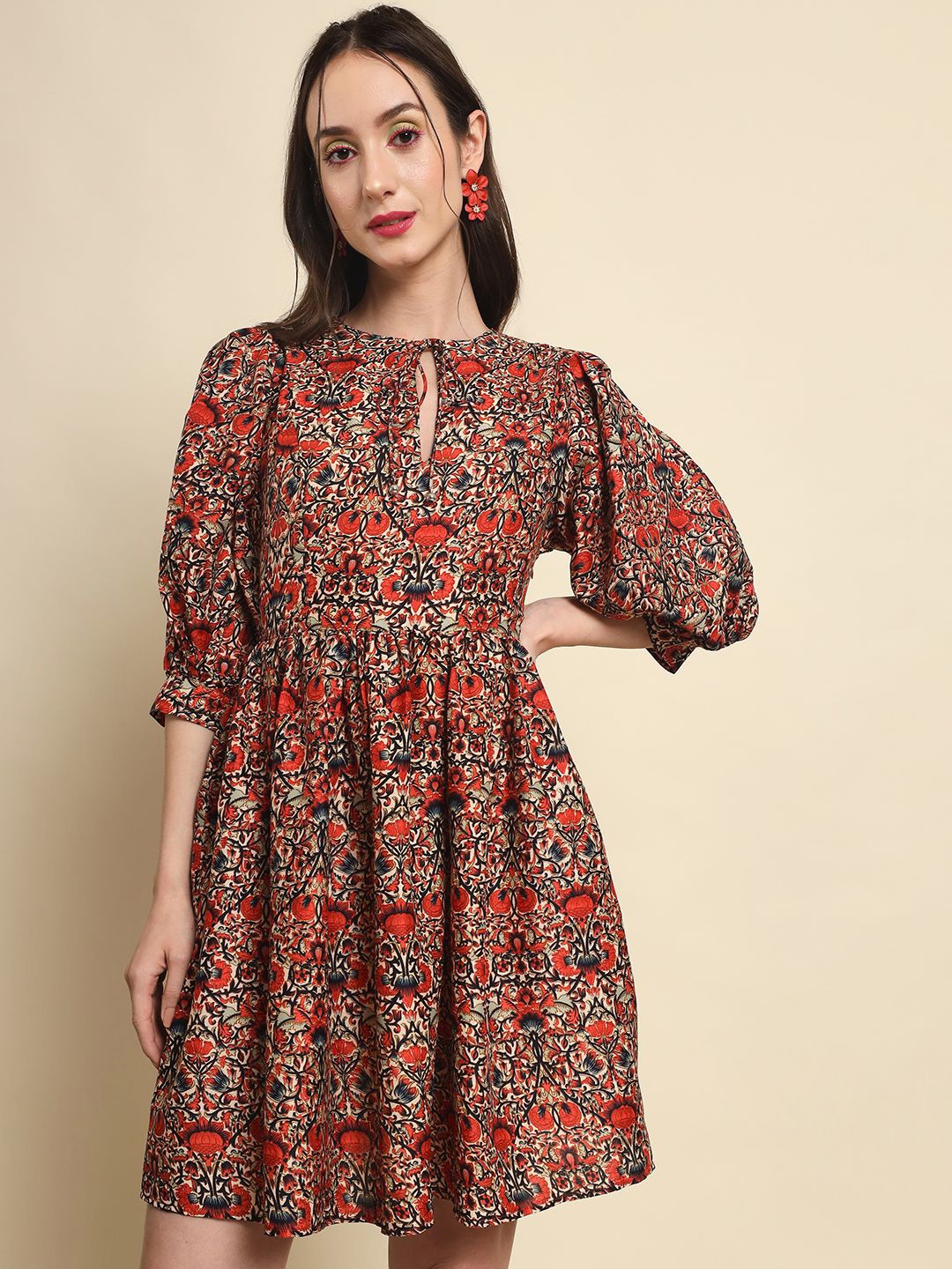 

BAESD Floral Keyhole Neck Puff Sleeve Fit & Flare Dress, Multi