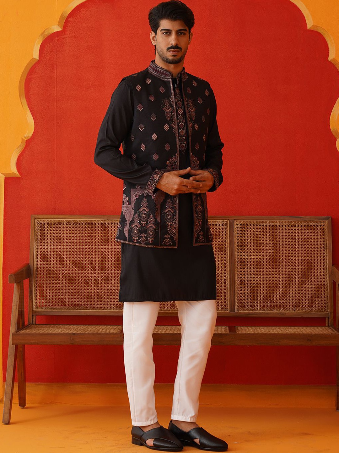 

Jompers Floral Embroidered Chikankari Kurta with Pyjamas & Waistcoat, Black