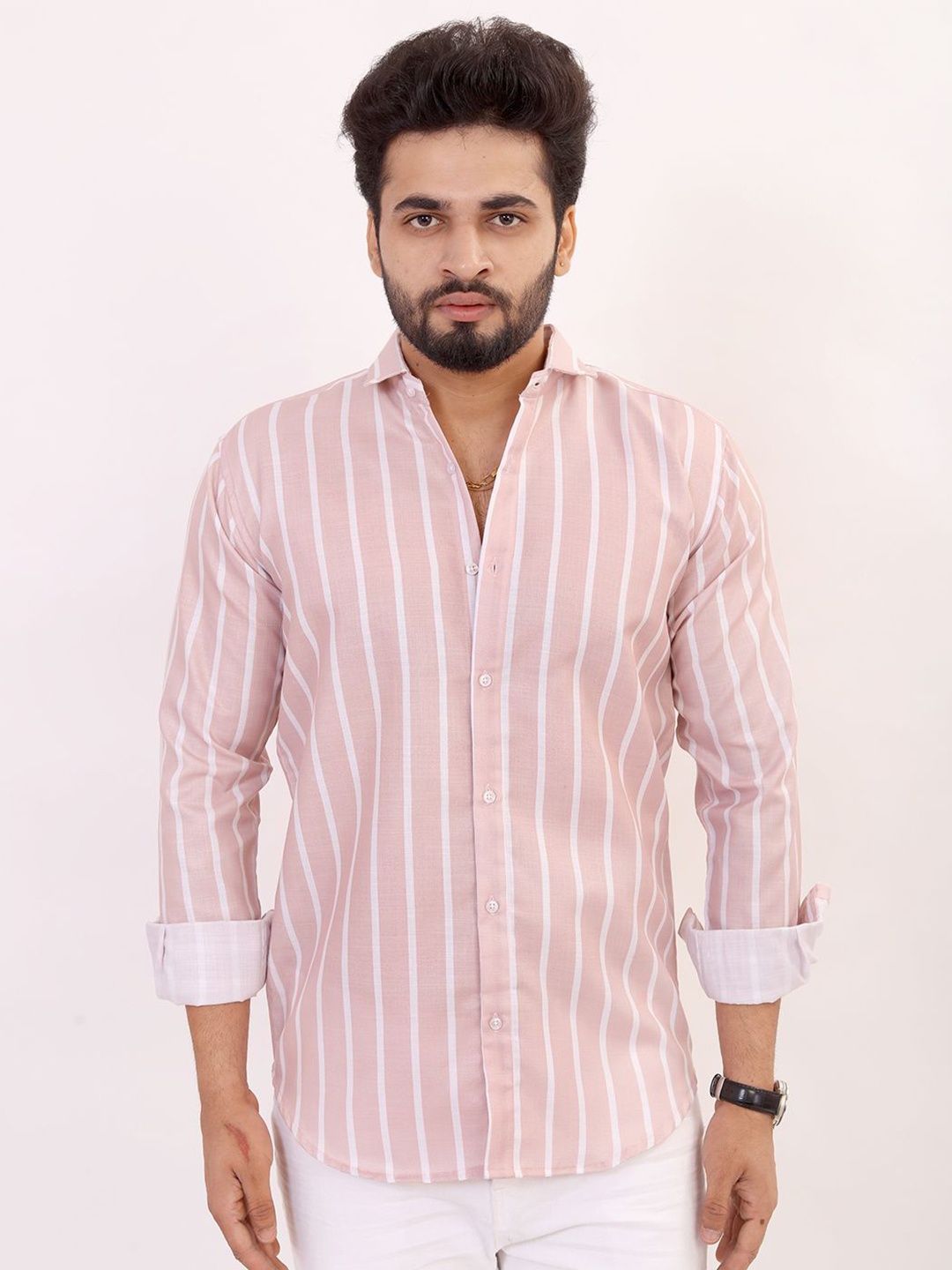 

BOWLIFESTYLE Men Classic Spread Collar Vertical Striped Cotton Casual Shirt, Pink