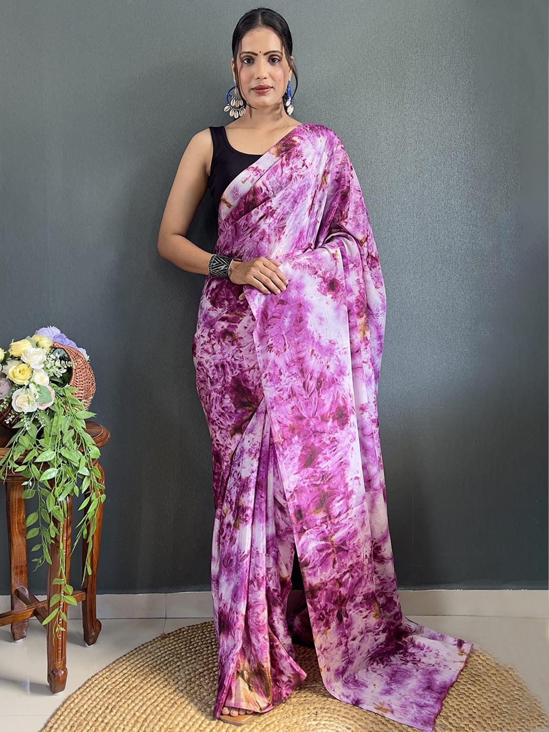 

KAYOMMI Floral Pure Chiffon Ready to Wear Saree, Purple