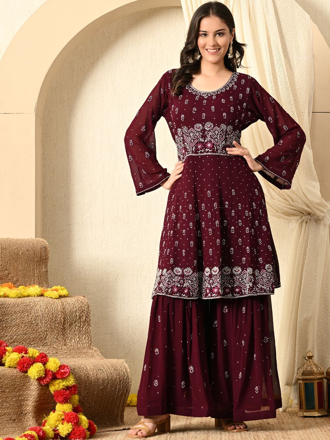 

ZARIKALI Ethnic Motifs Embroidered Beads And Stones Anarakali Kurta With Sharara & Dupatta, Maroon