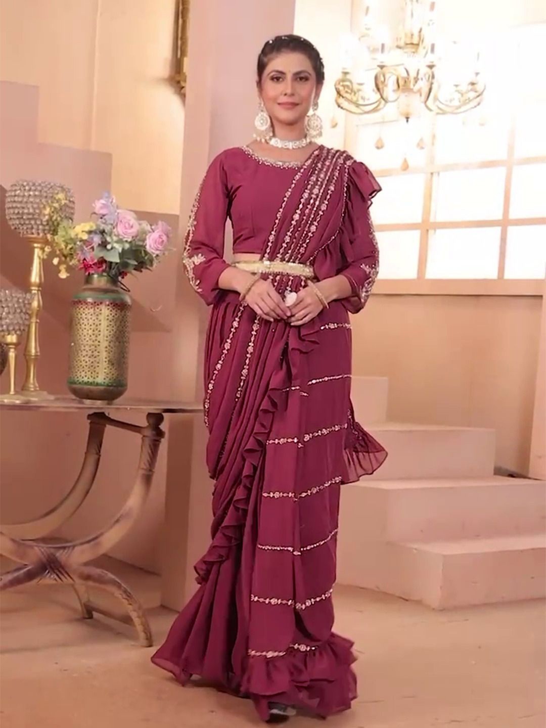

LUGAI Striped Beads and Stones Poly Georgette Saree, Maroon