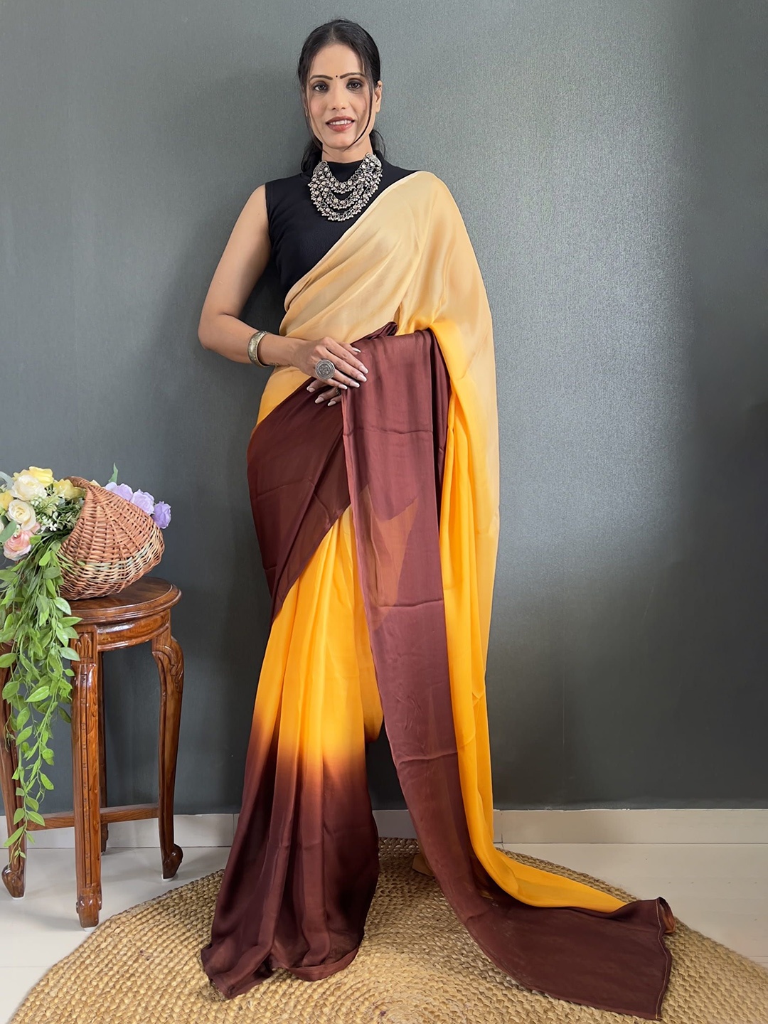 

KAYOMMI Ombre Pure Crepe Ready to Wear Saree, Orange