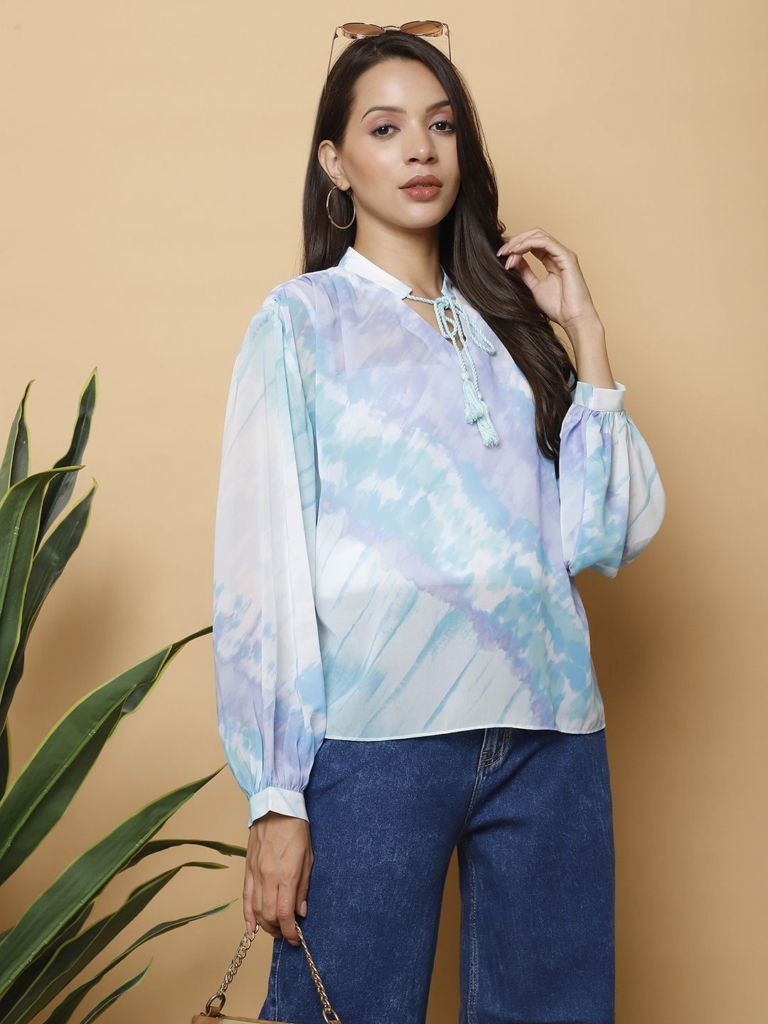 

250 DESIGNS Tie and Dye Mandarin Collar Georgette Top, Blue