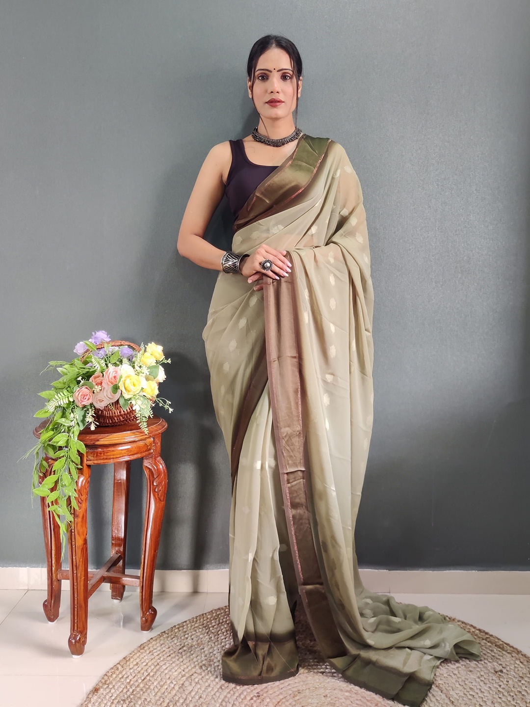 

KAYOMMI Floral Woven Design Satin Ready to Wear Saree, Brown