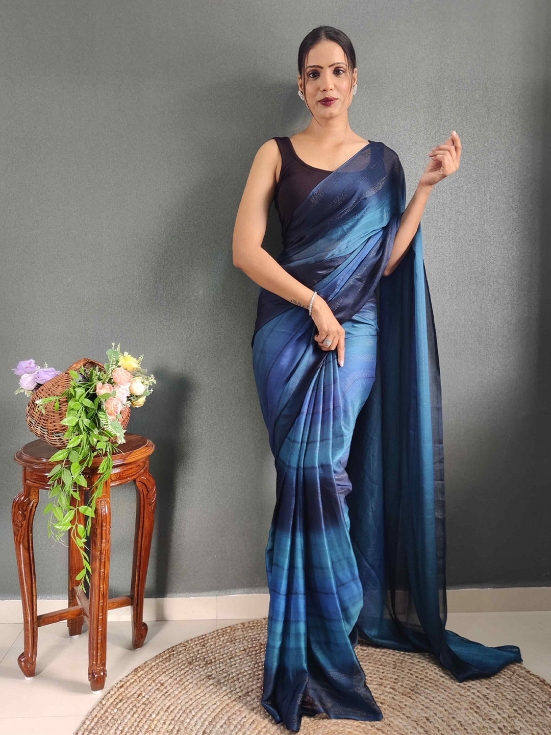 

HERE&NOW Striped Poly Georgette Ready to Wear Saree, Navy blue