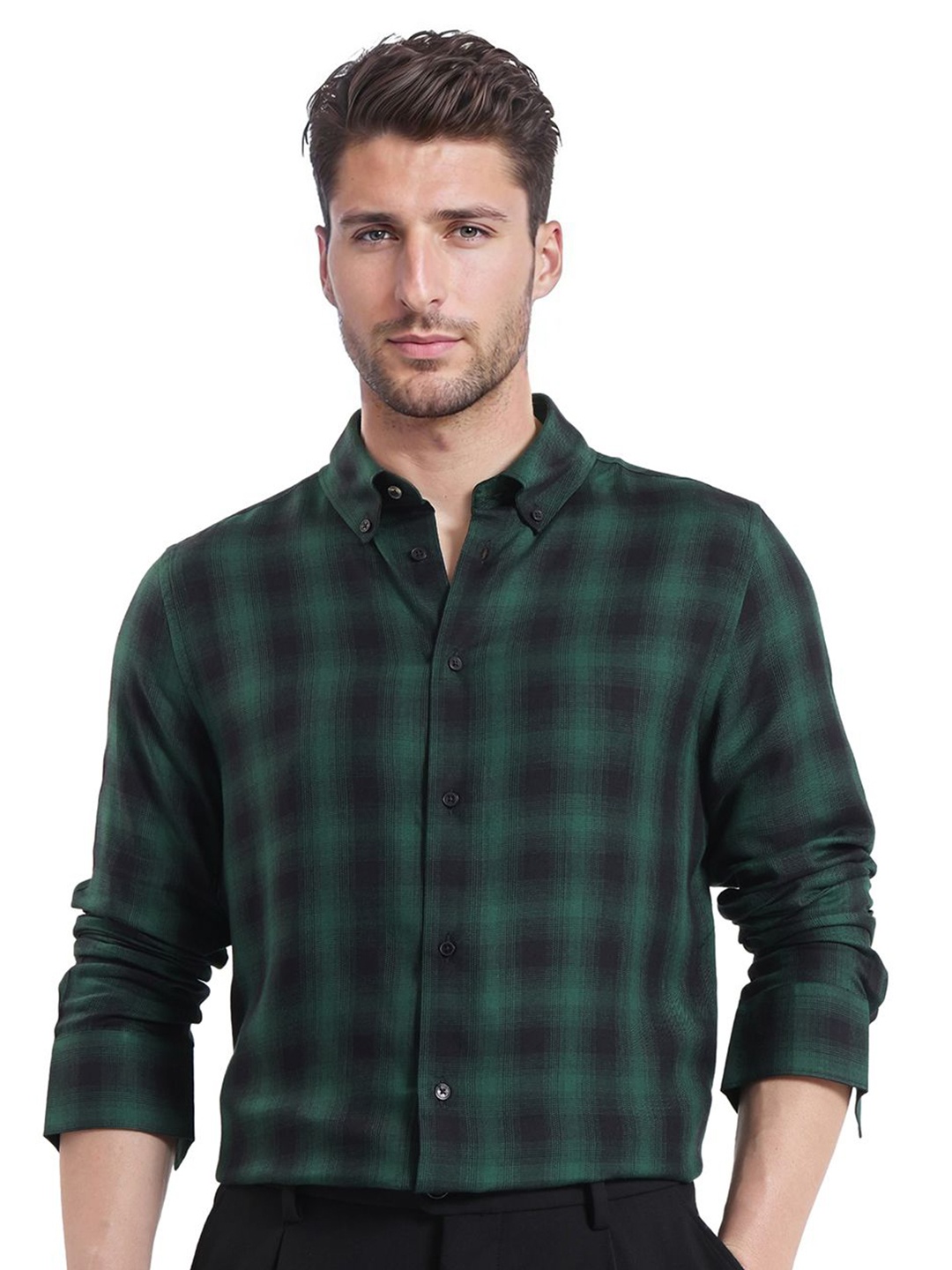 

RARE RABBIT Men Comfort Button-Down Collar Checked Cotton Casual Shirt, Green