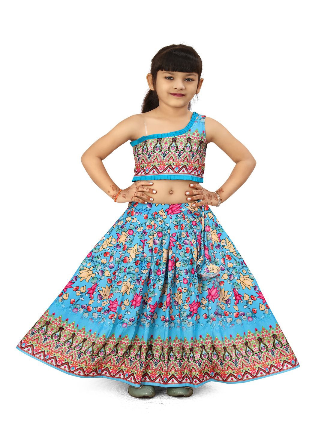 

BAESD Girls Printed Foil Print Ready to Wear Lehenga & Blouse With Dupatta, Blue